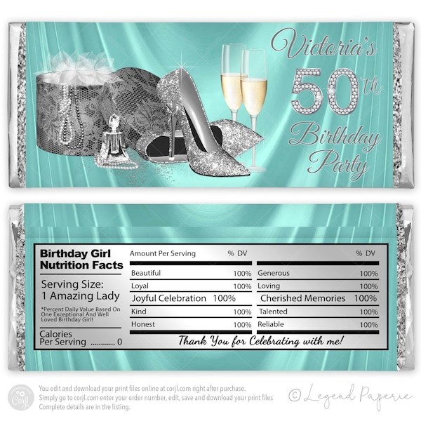 Womans Teal Blue Silver Birthday Candy Bar Wrapper,High Heel Shoe Candy Wrapper,Woman Teal Blue Candy Bar Wrapper,Teal Blue Retirement,PS7
