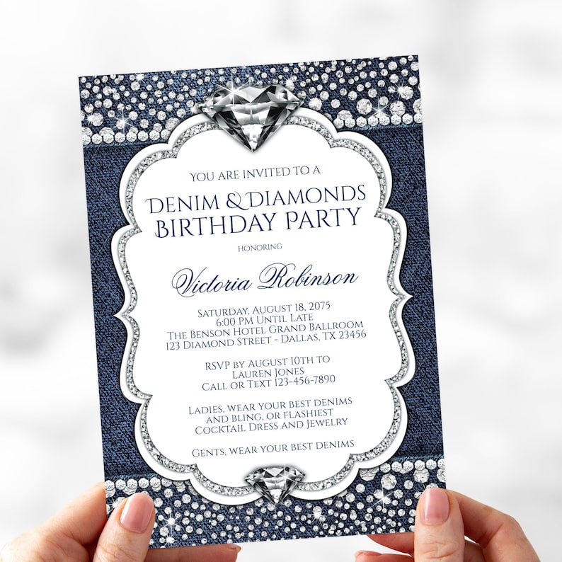 May include: A denim and diamonds birthday party invitation with a white background and silver glitter. The invitation features a large diamond at the top and the text "You are invited to a Denim & Diamonds Birthday Party" in blue and white text. The invitation also includes the name "Victoria Robinson" in blue text and the date and time of the party in black text.