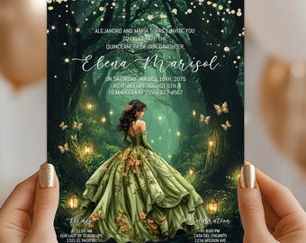 Enchanted Forest Quinceañera Invitation: Emerald Green Floral Gown (Digital Download)