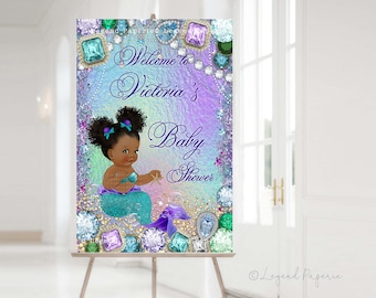 Jewel Afro Mermaid Baby Shower Welcome Sign (24x36 inches)