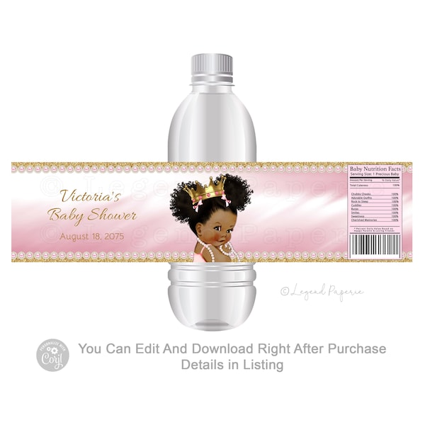 Étiquette de bouteille d'eau princesse afro-américaine pour baby shower, Étiquette de bouteille d'eau princesse afro-américaine, Shower de bébé princesse, Étiquettes de bouteille d'eau, Afro, PTU1