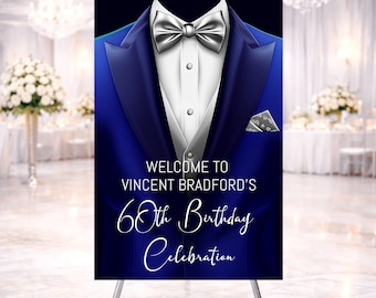 Tuxedo Birthday Welcome Sign: Blue & Silver, Black Tie Party (Digital Download)