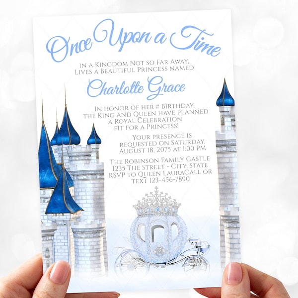 Cinderella Birthday Party Invitation: Princess Blue Castle