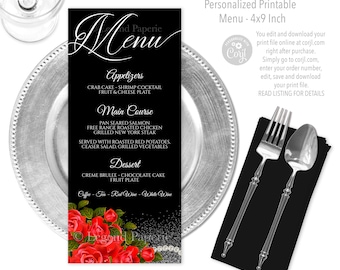Red Rose Birthday Menu: Silver Glitter, Pearls (4x9 Inch Digital ...