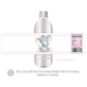 Etiquettes de bouteille d&#39;eau pour baby shower éléphant fille, Shower de bébé éléphant fille, étiquettes de bouteille d&#39;eau éléphant, étiquette de bouteille d&#39;eau éléphant, GE1