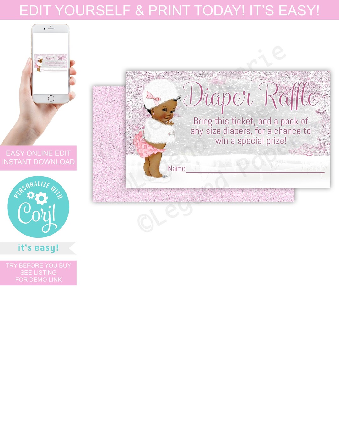 Afrocentric Raffle Winter Wonderland Diaper Raffle Tickets, African American Baby Girl ...