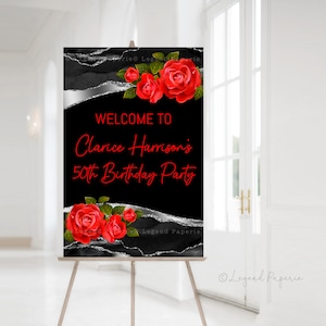 Red Rose Birthday Welcome Sign: Silver Glitter Agate (Digital Download)