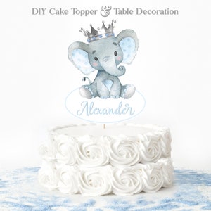 Boy Elephant Cake Topper: Blue Crown Baby Shower Centerpiece (DIY Digital File)