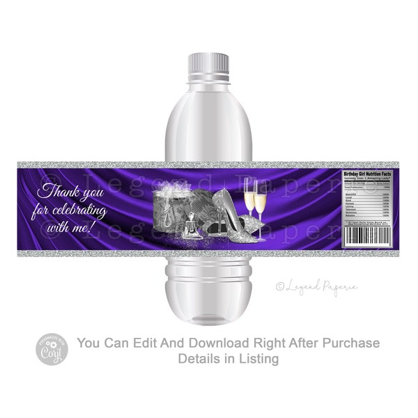 Woman Purple Silver Water Bottle Labels, Woman Purple Birthday Party Water Bottle Labels, Woman Purple Silver Birthday, Water Label, PS2