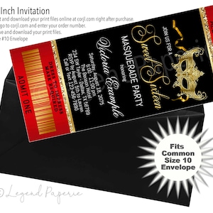 Red Black Gold Masquerade Sweet 16 Ticket Invitation