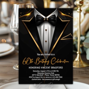Gravata borboleta dourada para smoking, qualquer número, aniversário ou evento, convites para smoking, convites de aniversário masculinos, evento Black Tie, convite para evento corporativo, X7