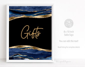 May include: Printable 8x10 inch table sign with a blue and gold agate design. The sign says "Gifts" in gold script.