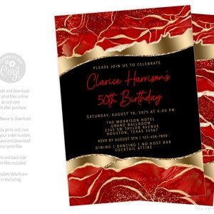 Red and Gold Glitter Agate Birthday Invitation (Digital Download)