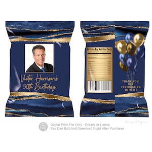 Mens Blue & Gold Agate Birthday Chip Bag Wrapper (Digital Download)