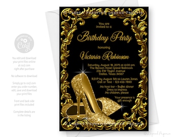 Gold High Heel Shoe Birthday Party Invitation,High Heel Shoes,Womans High Heel Birthday Party Invitation,Any Number,High Heel Shoes,GSB1