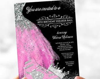 May include: A black and pink birthday invitation with silver glitter accents. The invitation features a pink and white sneaker with a silver crown and the text "You are invited to a 18th Birthday Sneaker Ball honoring Victoria Robinson".