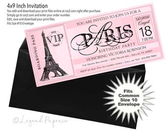 Paris Birthday Boarding Pass Invitation: Eiffel Tower, Pink & Black