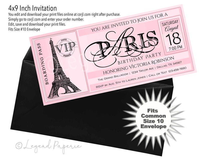 May include: A pink and black 4x9 inch invitation for a birthday party in Paris, France. The invitation features a black and white illustration of the Eiffel Tower and the text "Paris Birthday Party Honoring Victoria Robinson".