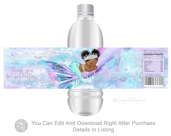 Afro Mermaid Baby Shower Water Bottle Labels (Digital File)
