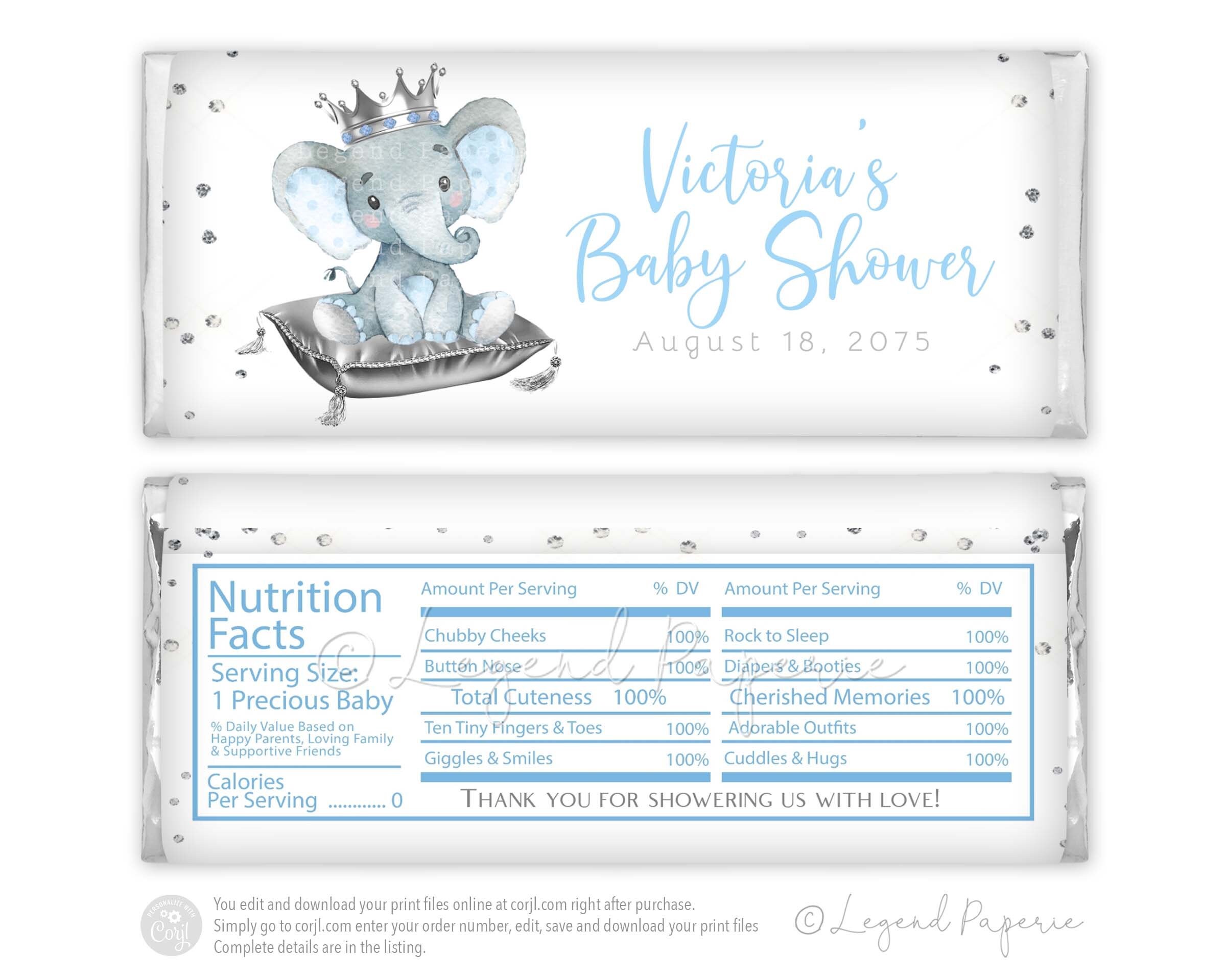 Candy Bar Wrapper Instant Download Party Favor Baby  Prince Elephant DIY