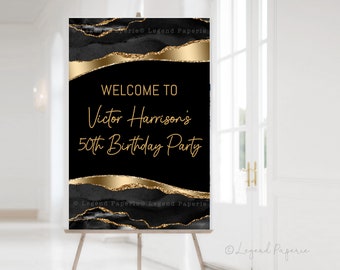 Black and Gold Agate Man&#39;s Birthday Welcome Sign (Digital Download)