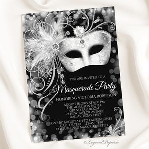Invitación a fiesta de disfraces en negro y plata (descarga digital) MASK-02