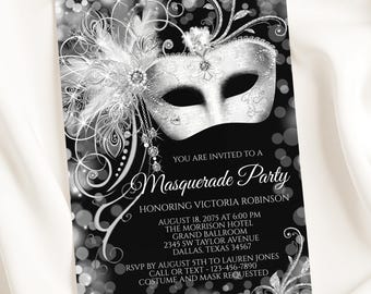 Black & Silver Masquerade Party Invitation (Digital Download) MASK-02