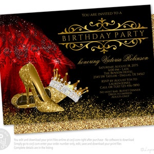Könnte beinhalten: Eine schwarze und goldene Geburtstagseinladung mit rotem und goldenem Glitzerhintergrund. Die Einladung zeigt ein Paar goldene High Heels und eine goldene Krone. Der Text auf der Einladung lautet "Sie sind zu einer Geburtstagsfeier zu Ehren von Victoria Robinson eingeladen".