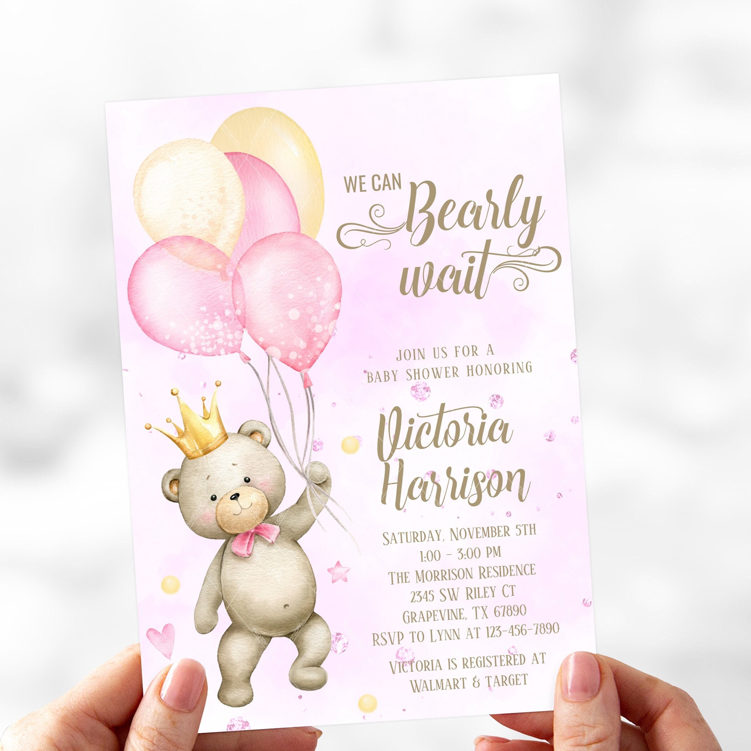 Invitaciones para baby shower de osita: globos rosas - Etsy México, image size:2400x2400