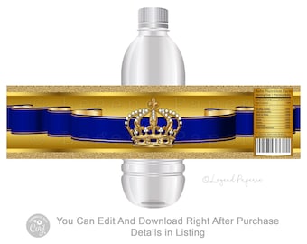 Pode incluir: Um rótulo de garrafa de água imprimível com um design dourado e azul. O rótulo apresenta uma coroa dourada com pérolas brancas e uma fita azul. O texto "Legend Paperie" está na parte inferior do rótulo. Você pode editar e baixar imediatamente após a compra. Detalhes na listagem.