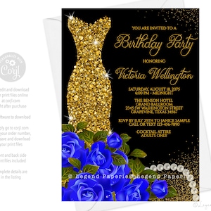 Royal Blue Birthday Invitation: Gold Glitter Dress, Blue Roses