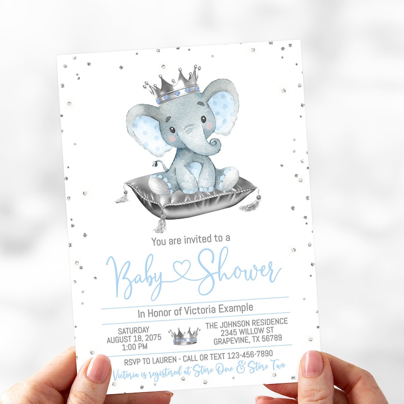 Boy Elephant Baby Shower Invitation Elephant Prince Baby Etsy