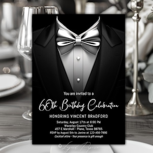 Black Tuxedo Invitation Template: Elegant Milestone Birthday, Retirement (Digital Download, 5x7 PDF or JPG)