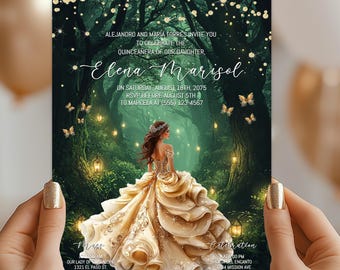 Emerald Green and Gold Enchanted Forest Quinceañera Invitation – Digital Party Template, GG2