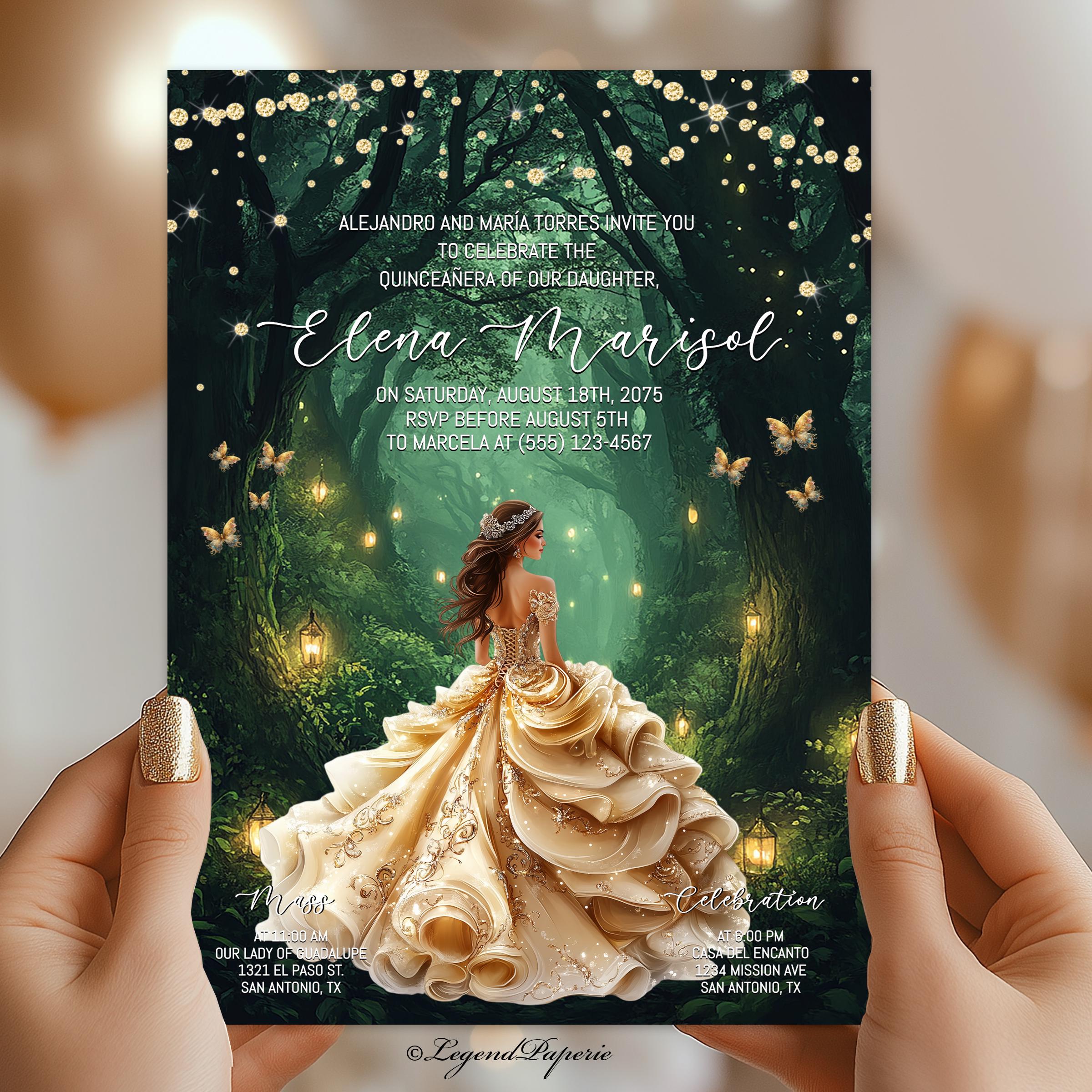Emerald Green and Gold Enchanted Forest Quinceañera Invitation