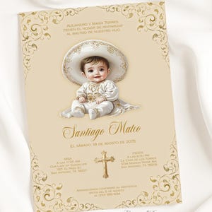 Charro Baptism Invitation: Beige & Gold Vaquero Theme (5x7 Digital Template, Editable in Corjl)
