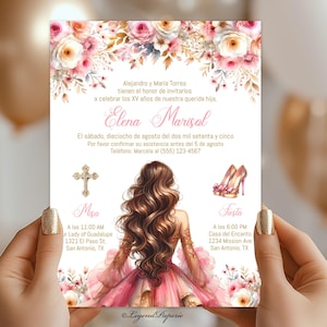 Invitación de Quinceañera Española Blush Pink & Gold – Plantilla Editable / Invitación XV Años / Invitación de Quinceañera de Oro Rosa, Quince Español