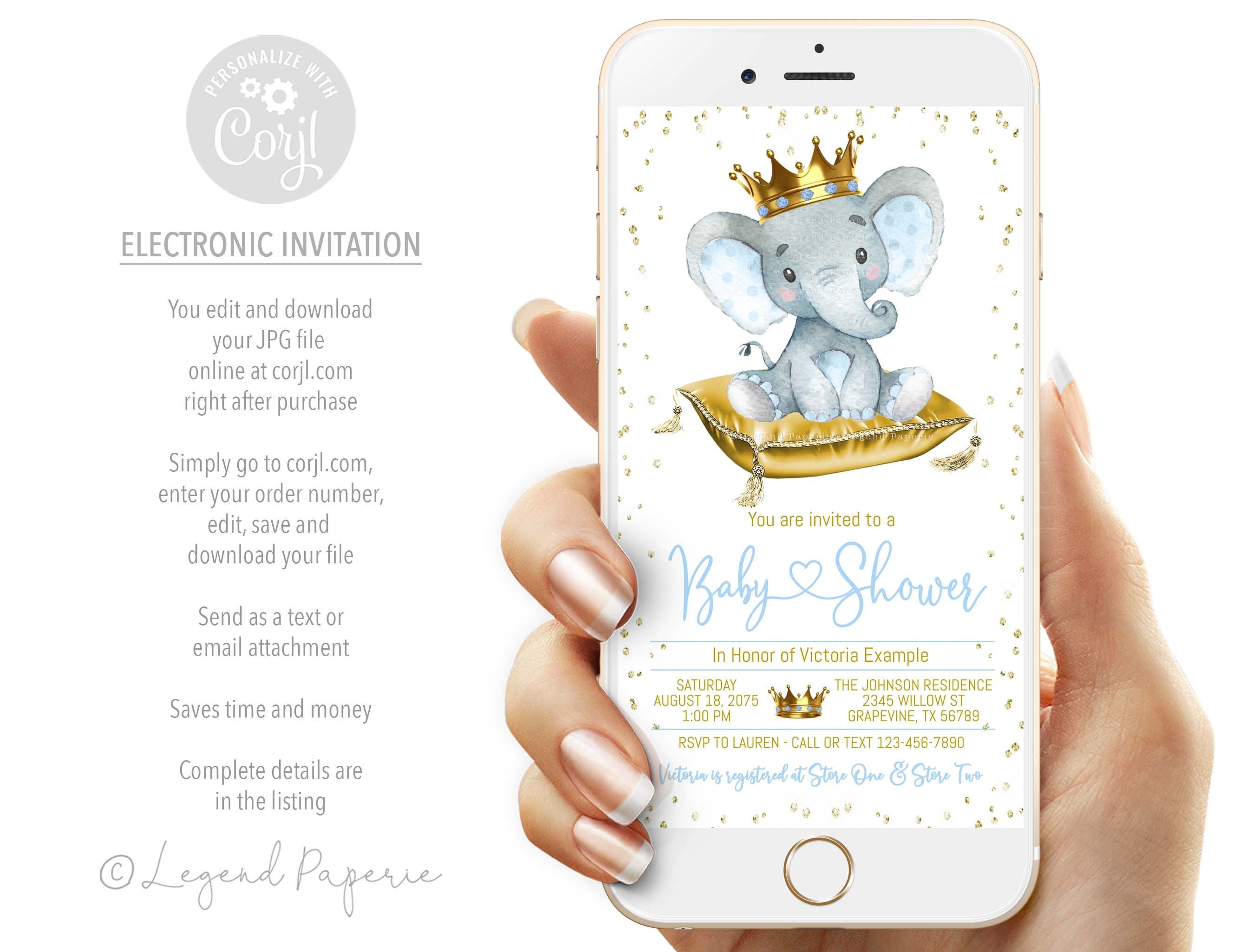Boy Elephant Baby Shower InvitationElephant Prince Baby Shower InvitationBoy Elephant Baby Shower EviteBoy Elephant