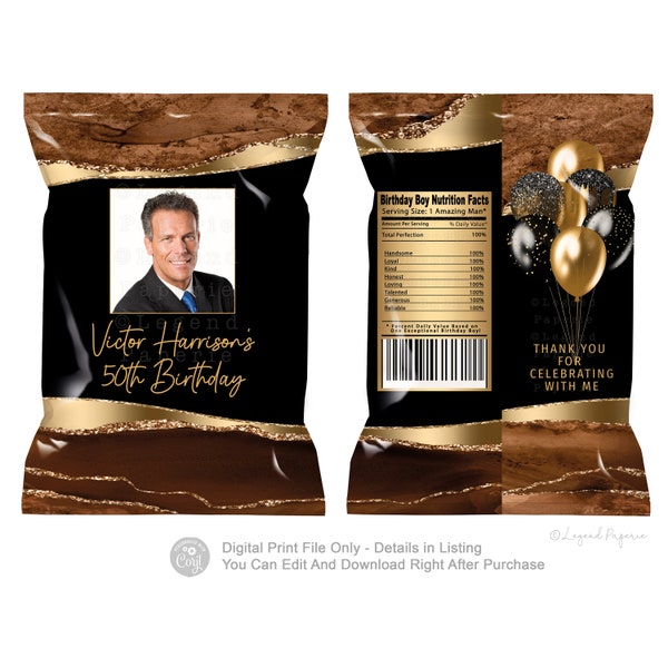 Mans Birthday Party Chip Bag Wrappers,Mans Chip Bag Wrapper,Mans Agate Birthday Party,Mans Brown Gold Birthday,Mans Photo Chip Bag Wrap,MR1