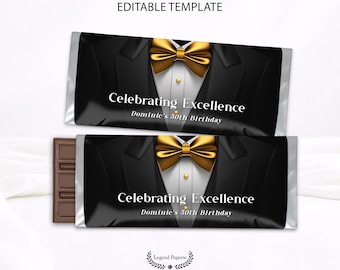 Black Gold Tuxedo Candy Wrapper Template, Editable Birthday Label (Corjl) TUXBG-02