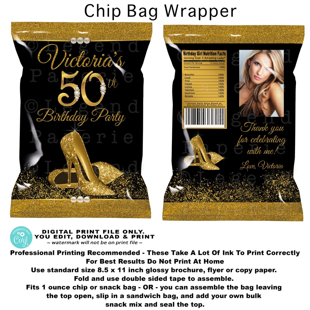 Womans Black Gold Birthday Chip Bag Wrapper,gold Shoe,any Number,black ...
