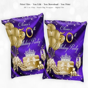 Purple Gold Birthday Chip Bag Wrappers: Woman&#39;s Party Favors (Digital File)