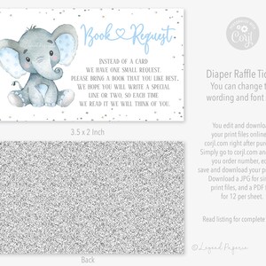 Jongensolifant boekverzoekkaarten, olifantenboekverzoekkaart, schattige jongensolifant babyshower, jongensolifant babyshower, olifantenboekkaart, BE1