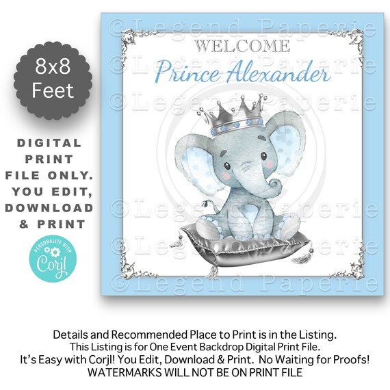 Elephant Prince Baby Shower Backdrop: Blue & Silver (Digital Print File)