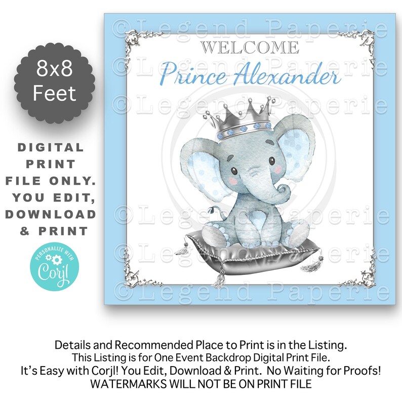 Puede incluir: Un tel&oacute;n de fondo imprimible azul y blanco con una corona plateada y un elefante gris sentado en un coj&iacute;n plateado. El texto "Bienvenido Pr&iacute;ncipe Alexander" est&aacute; en la parte superior del tel&oacute;n de fondo. El tel&oacute;n de fondo mide 8x8 pies.
