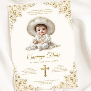 Charro Baptism Invitation: Ivory Gold Mexican Bautizo (Digital Template, 5x7&quot;)