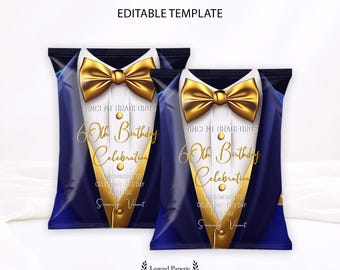 Tuxedo Chip Bag Wrapper Royal Blue Gold Birthday Favor Editable Corjl Template Snack Bag