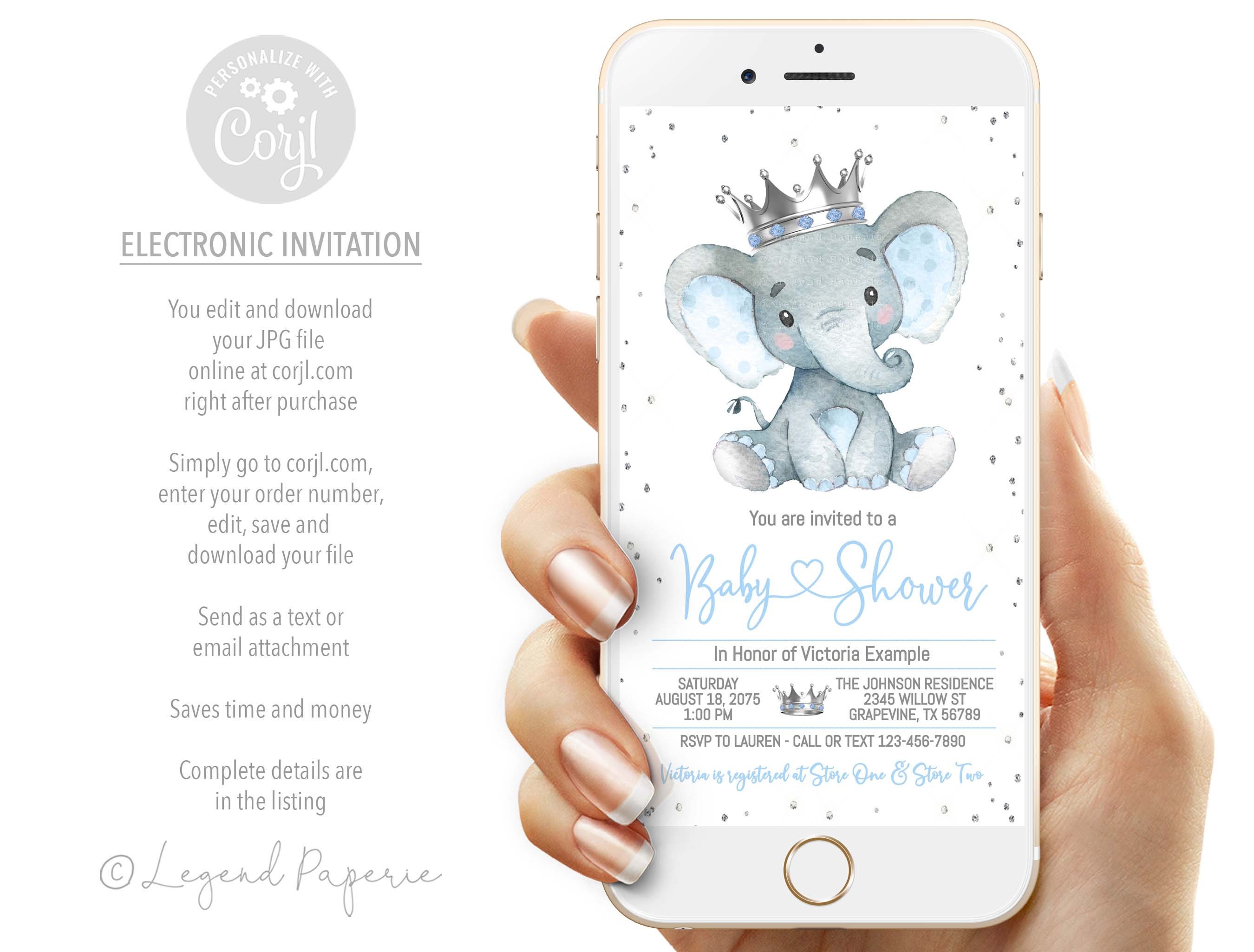Boy Elephant Baby Shower InvitationBoy Digital Elephant Baby Shower InvitationBoy Elephant Baby Shower EviteBoy Elephant