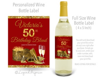 Etiqueta para botella de vino de cumpleaños roja y dorada, personalizada, para mujer