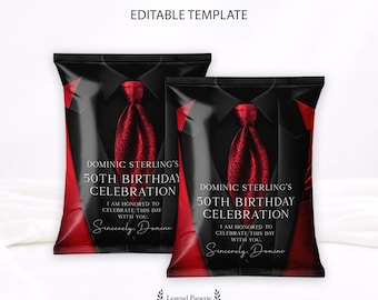 Red Black Tuxedo Chip Bag Birthday Favor Any Age Black Tie Party Editable Template TUXBG-05